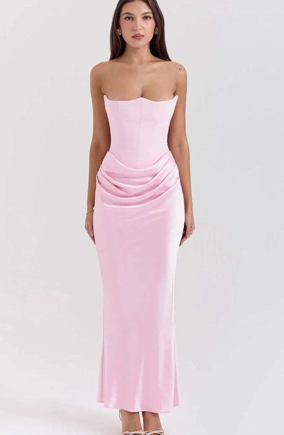 Women's Strapless Draped Satin Maxi Wedding Guest Dress