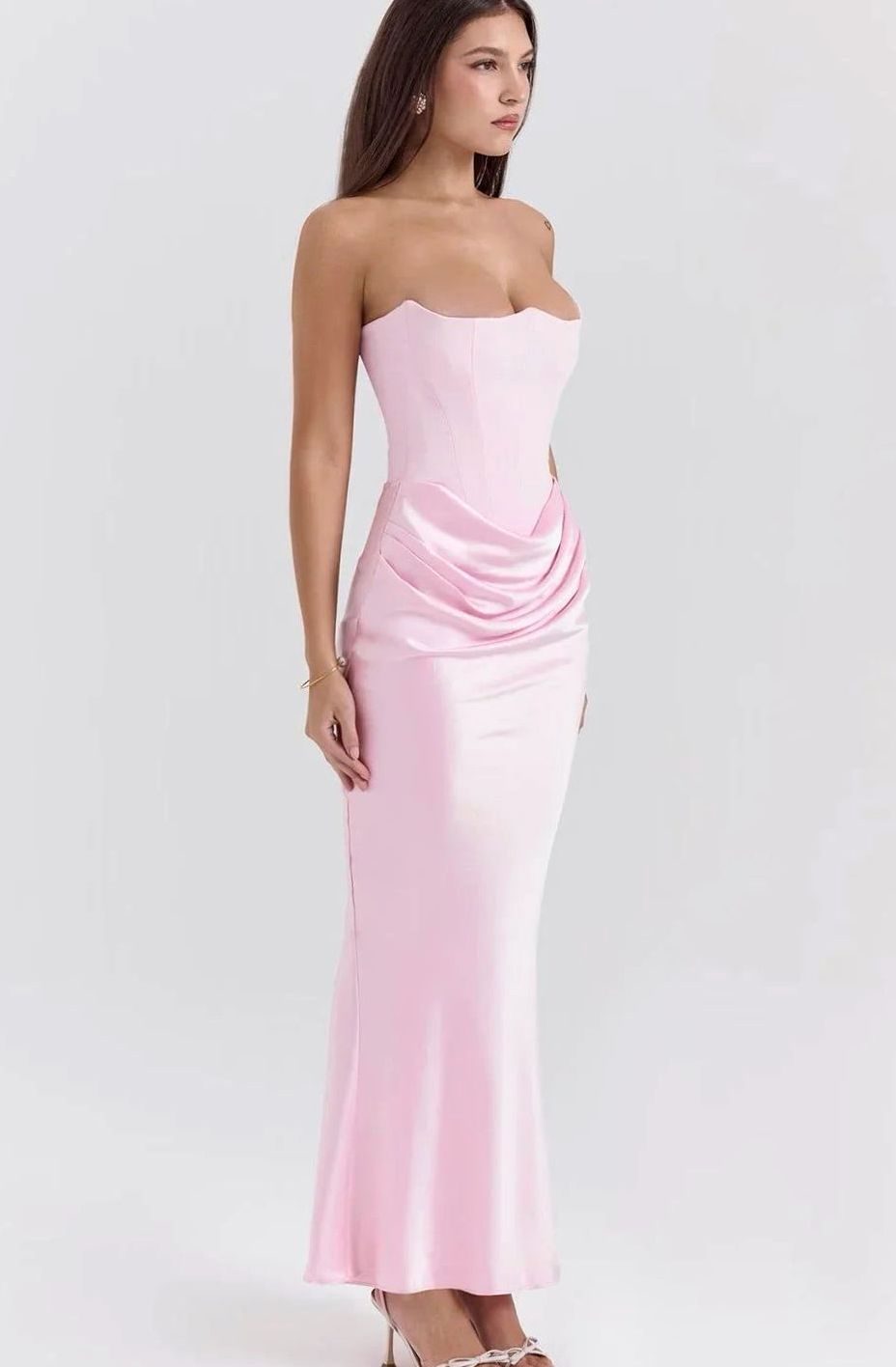 Women's Strapless Draped Satin Maxi Wedding Guest Dress