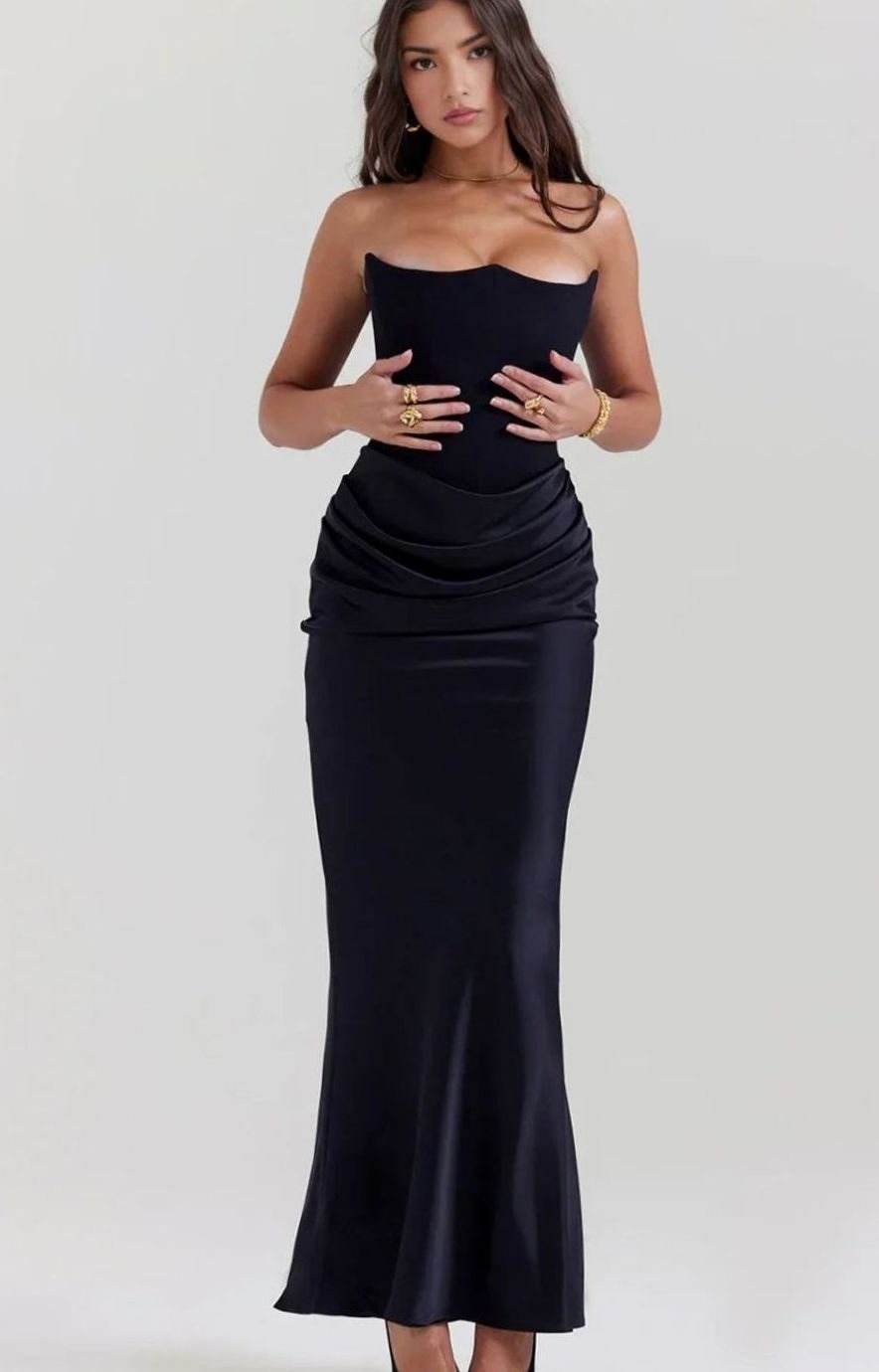 Women's Strapless Draped Satin Maxi Wedding Guest Dress
