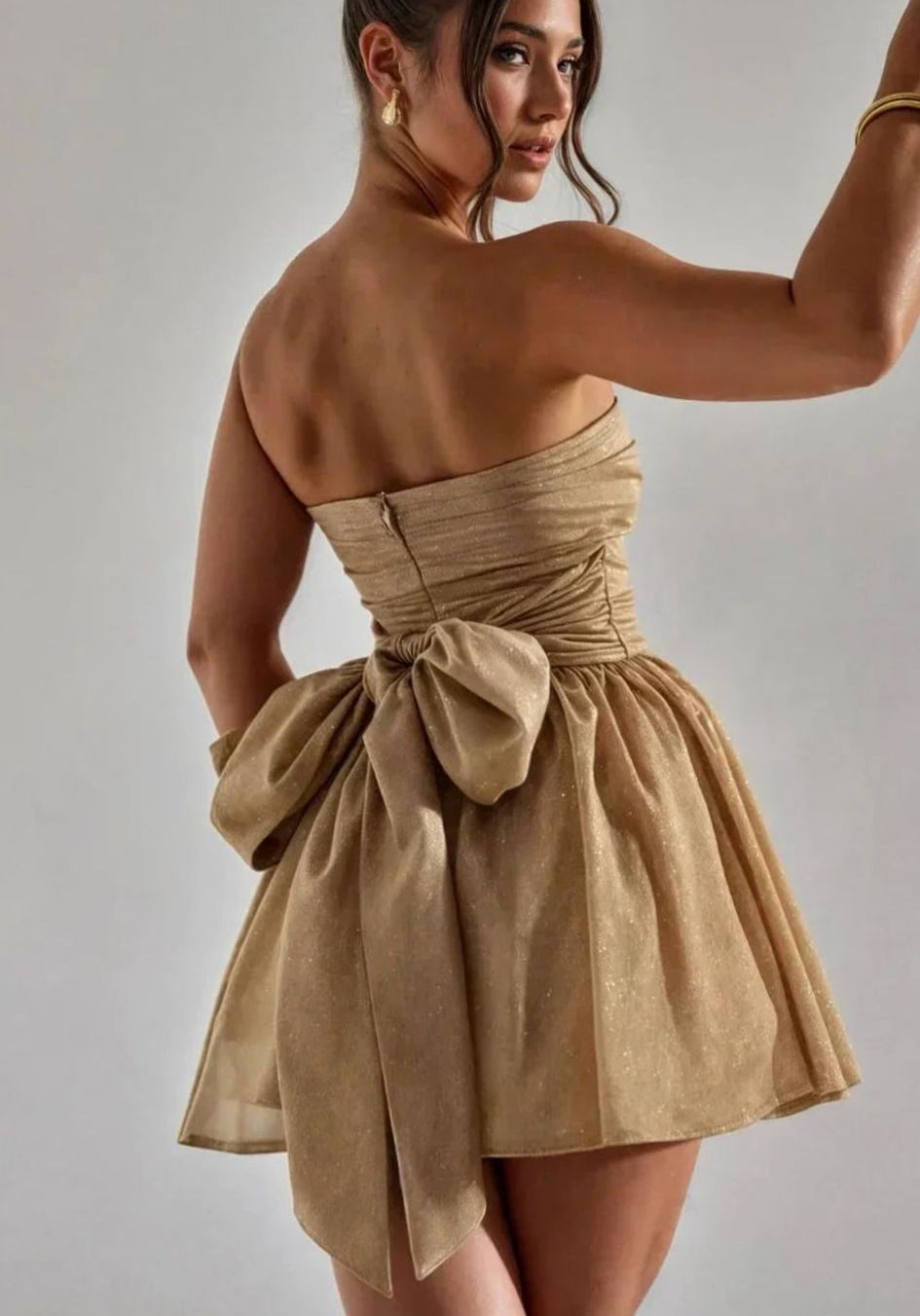 Women's Strapless Glitter Bandeau Mini Dress Back Bow - Gold