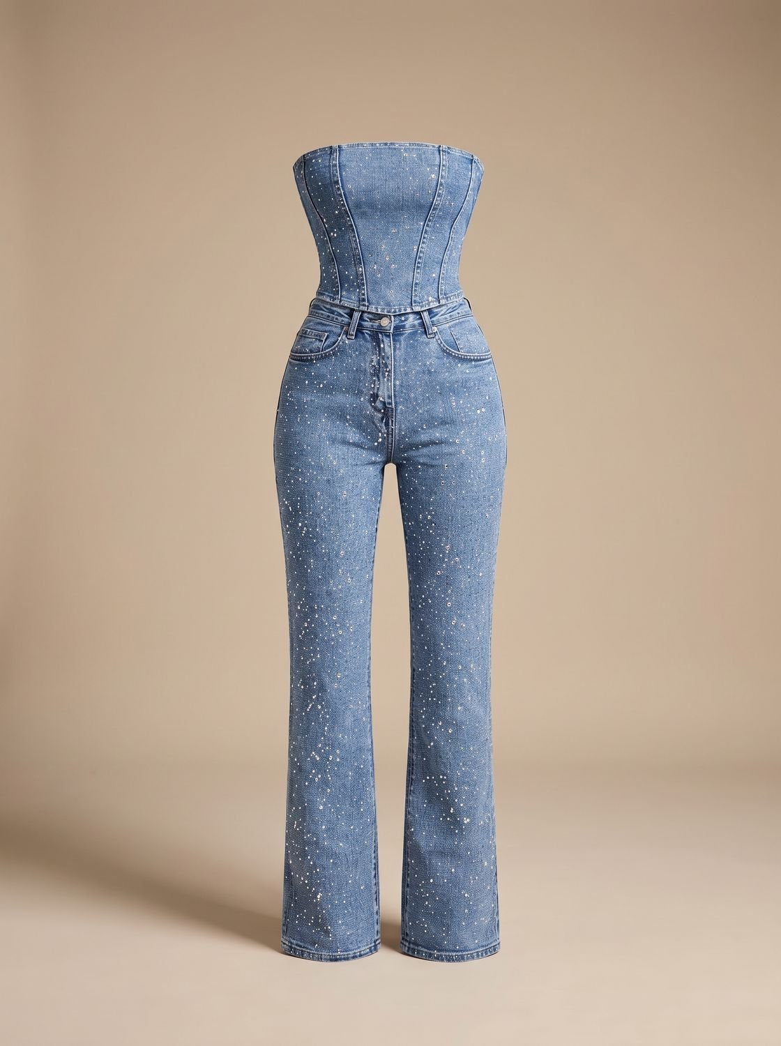 Women's Strapless Glitter Denim Sculpted Jumpsuit - Denim Fabric