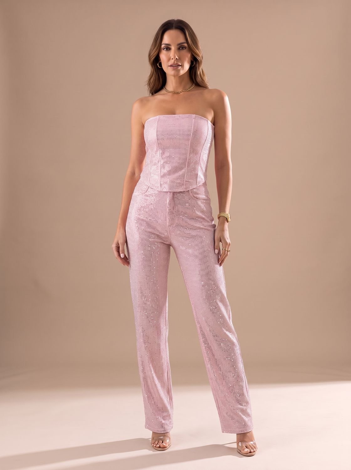 Women's Strapless Glitter Denim Sculpted Jumpsuit