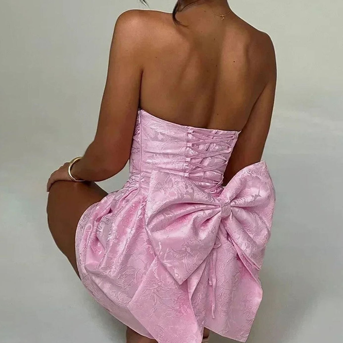 Women's Strapless Jacquard Mini Wedding Guest Dress Bow Detail