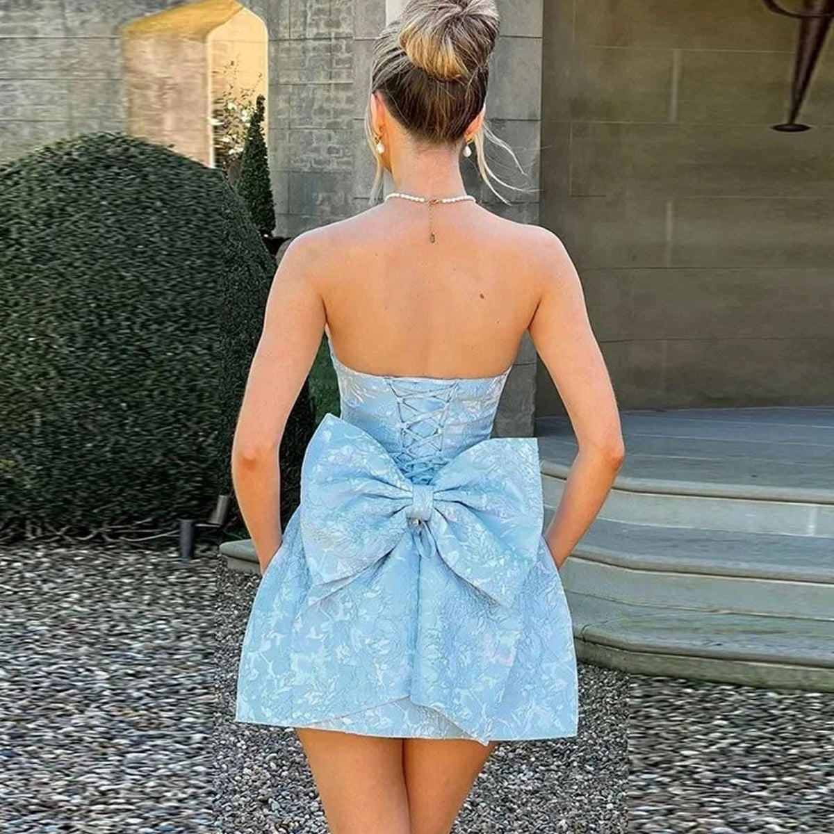 Women's Strapless Jacquard Mini Wedding Guest Dress Bow Detail - Sky Blue