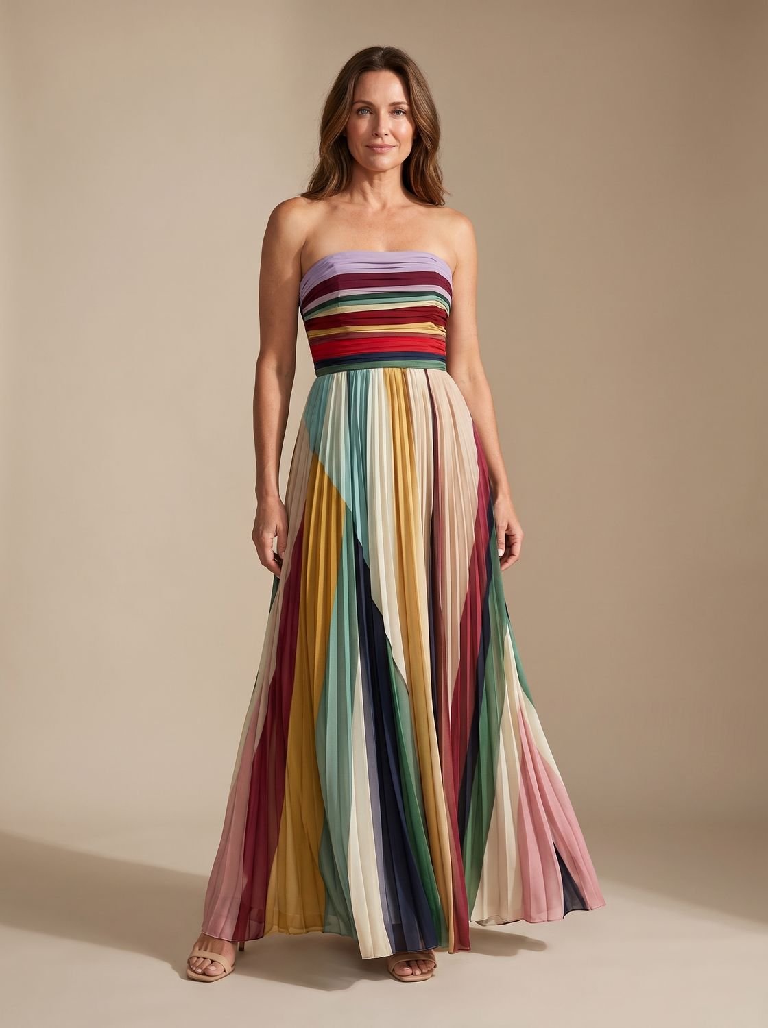 Women's Strapless Loose-Fit Multicolour Striped Maxi Dress - Premium