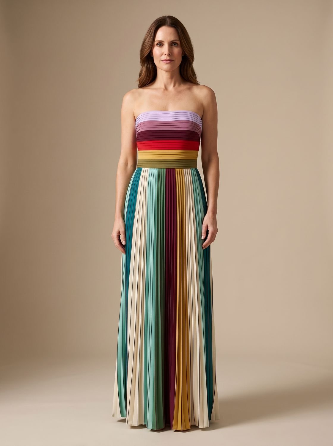 Women's Strapless Loose-Fit Multicolour Striped Maxi Dress