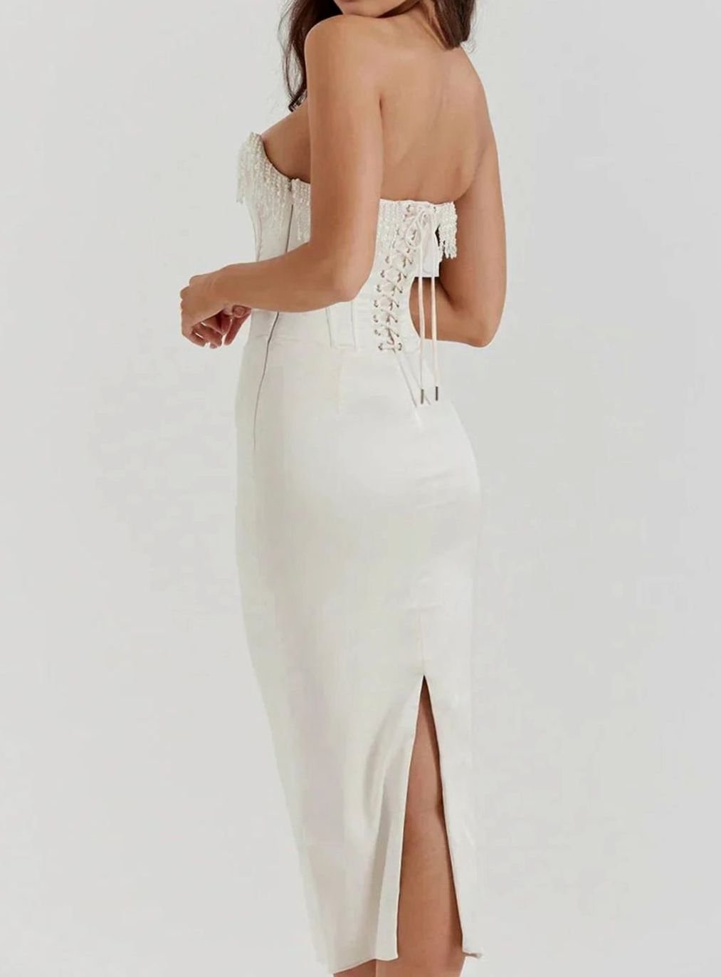 Women's Strapless Pearl-Trim Corset Midi Dress Ivory