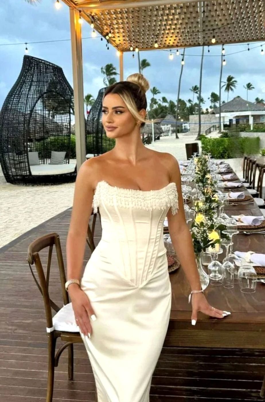 Women's Strapless Pearl-Trim Corset Midi Dress Ivory