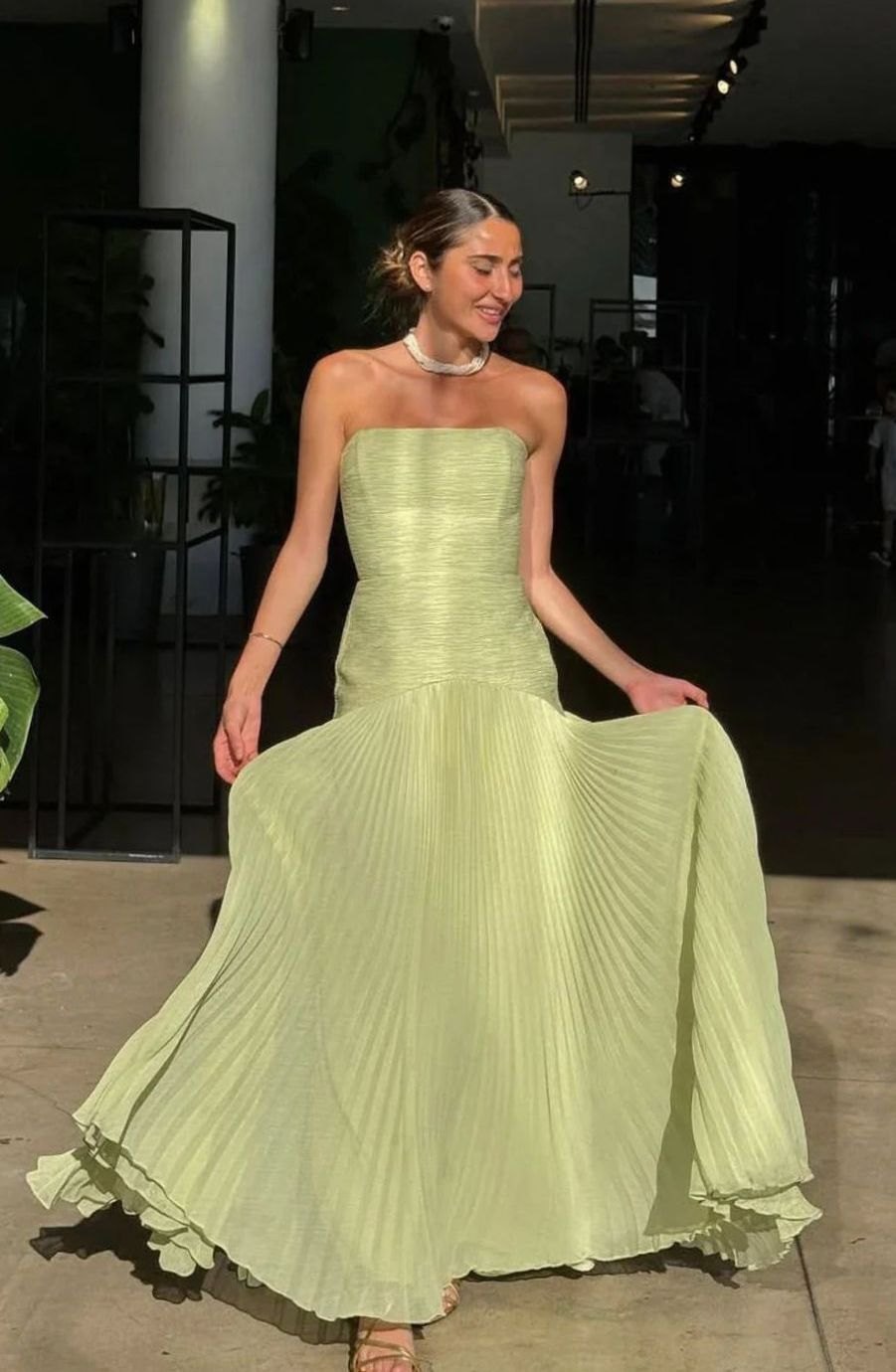 Women's Strapless Pleated Maxi Dress