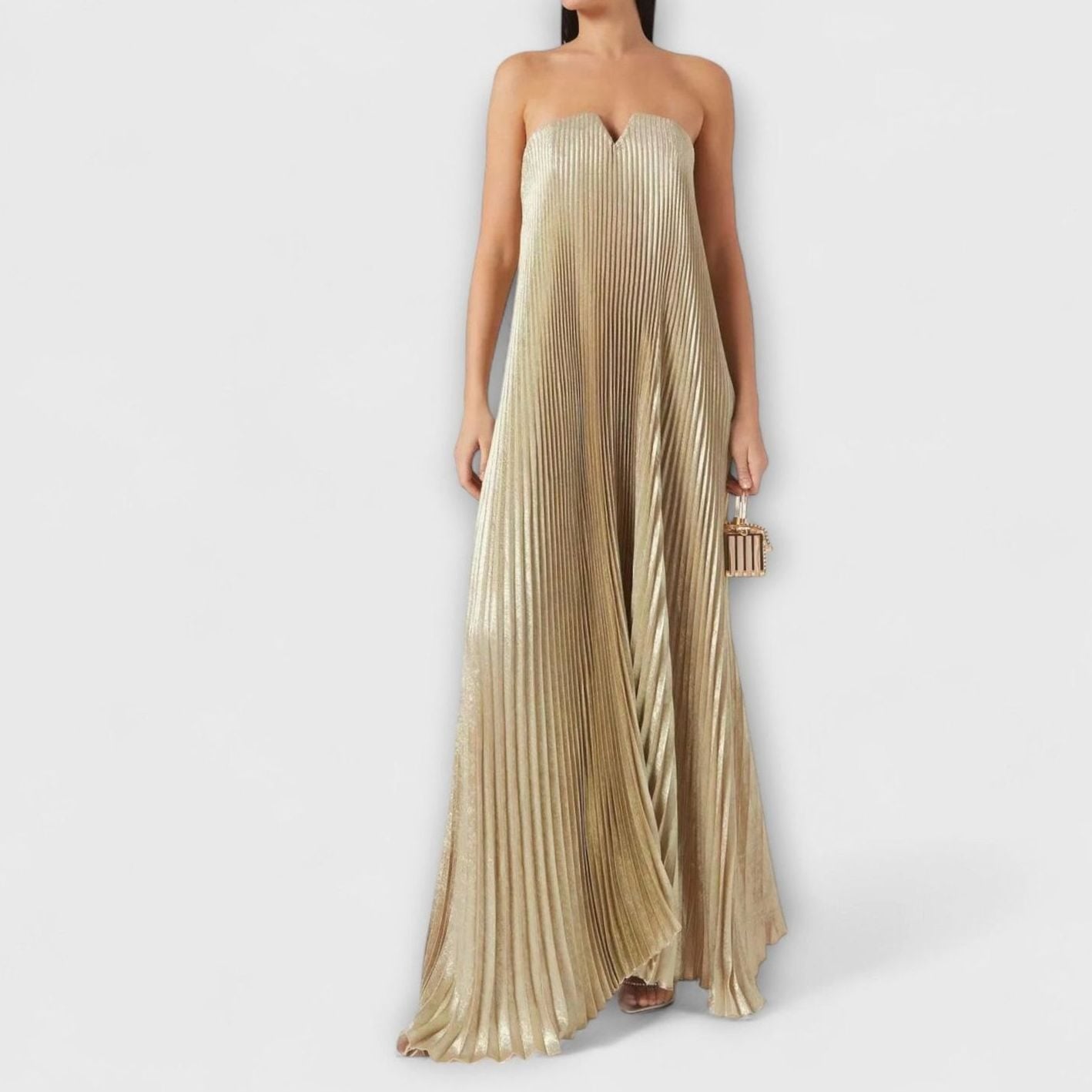 Women's Strapless Pleated Sweetheart Maxi Dress - Gold
