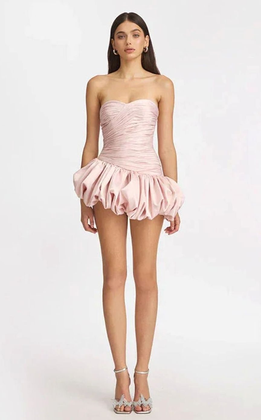Women's Strapless Ruched Balloon-Hem Formal Mini Dress - Pink