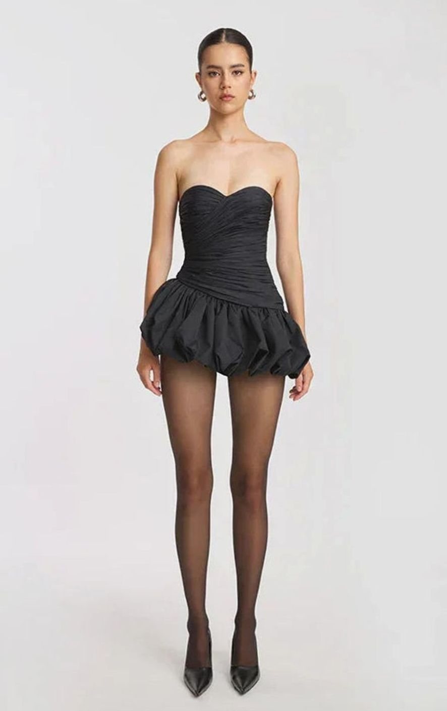 Women's Strapless Ruched Balloon-Hem Formal Mini Dress - Black