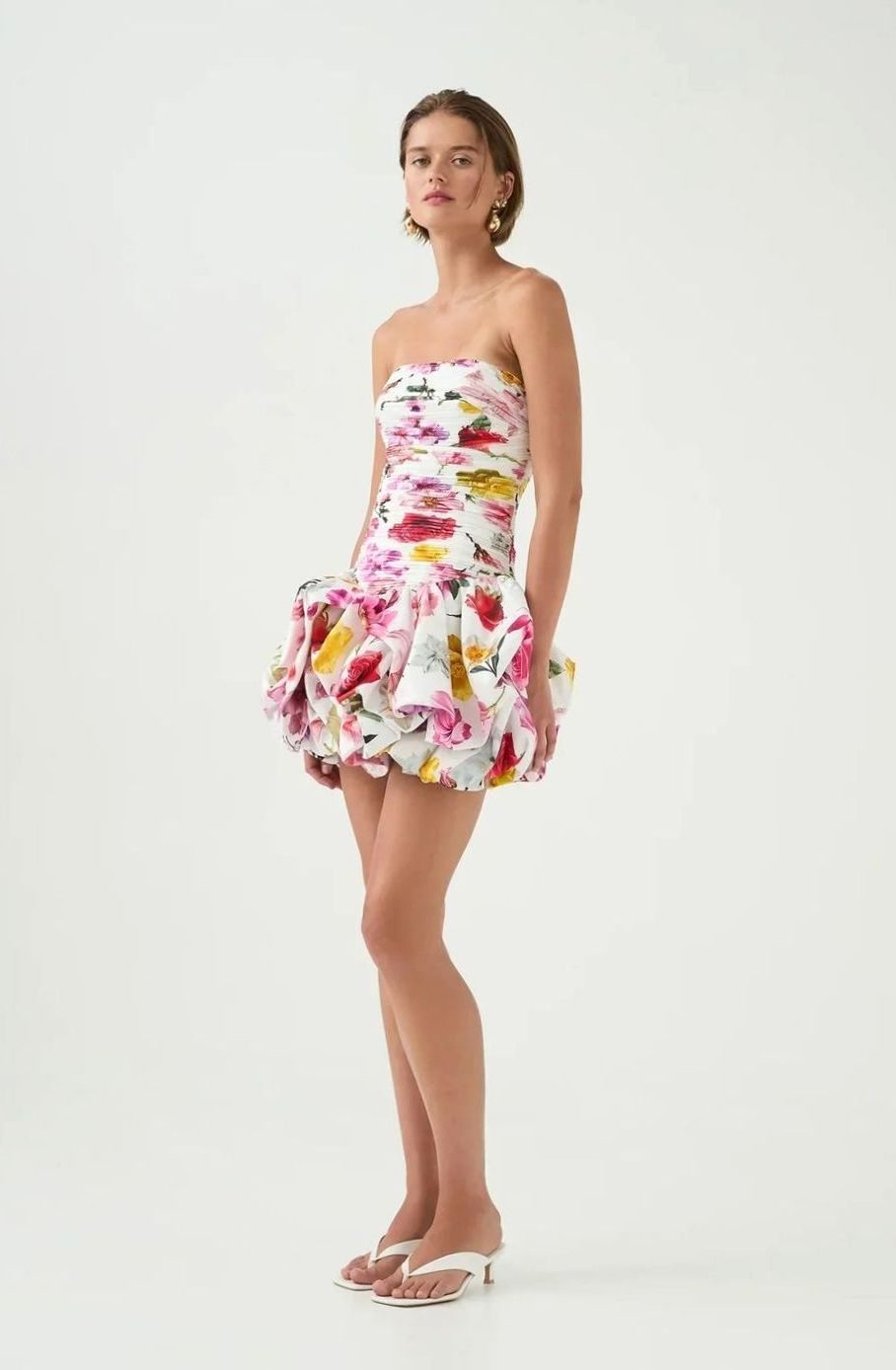 Women's Strapless Ruched Bubble-Hem Formal Mini Dress, White