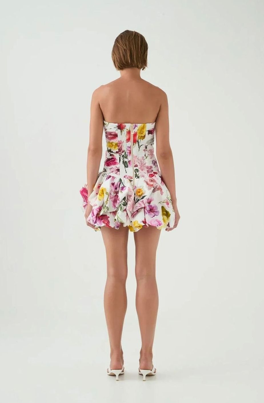 Women's Strapless Ruched Bubble-Hem Formal Mini Dress, White