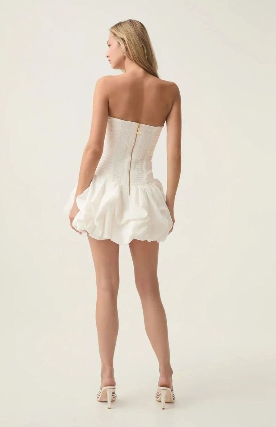 Women's Strapless Ruched Bubble-Hem Formal Mini Dress, White