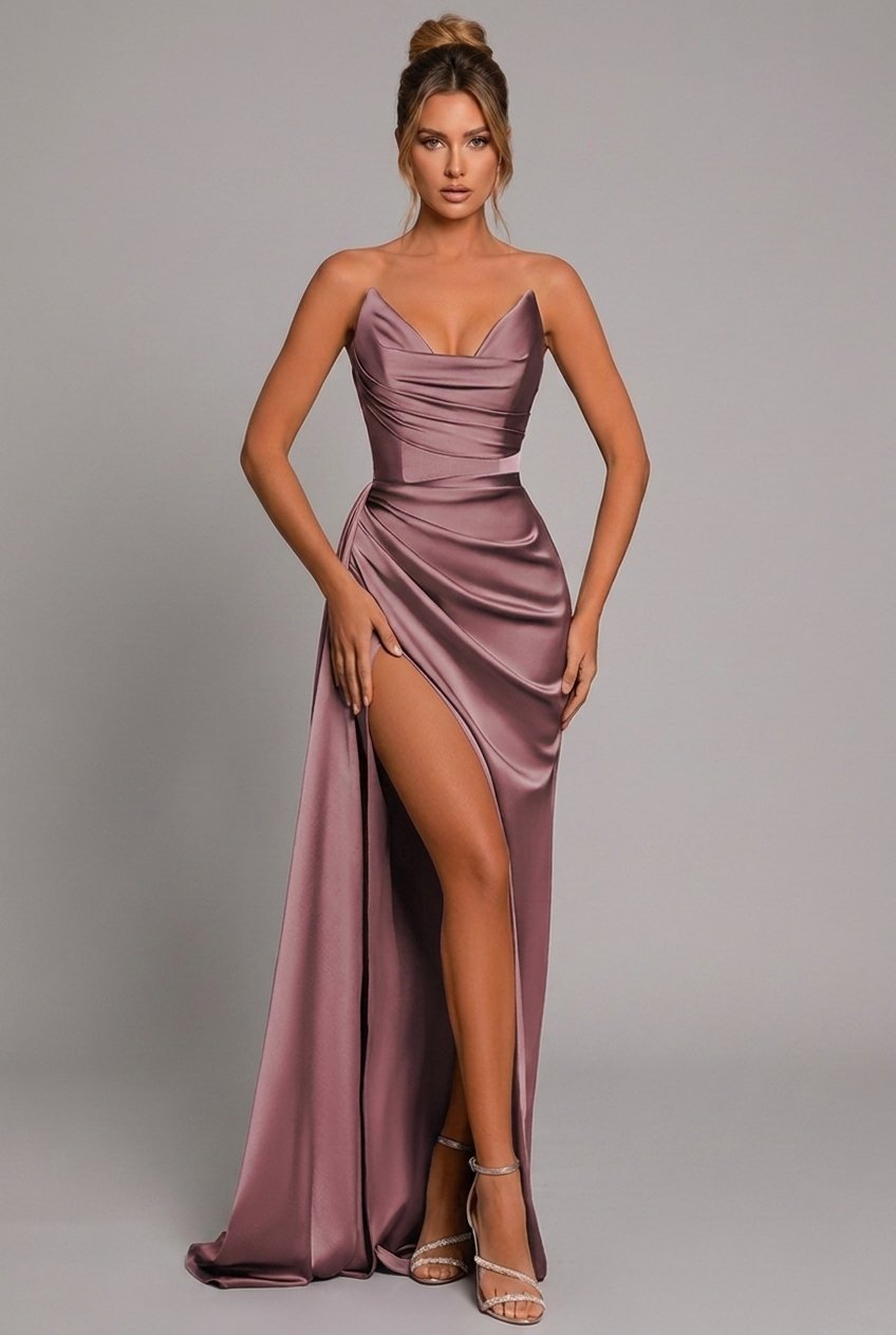 Women's Strapless Ruched Satin Maxi Formal Dress High Slit - Dusty Rose