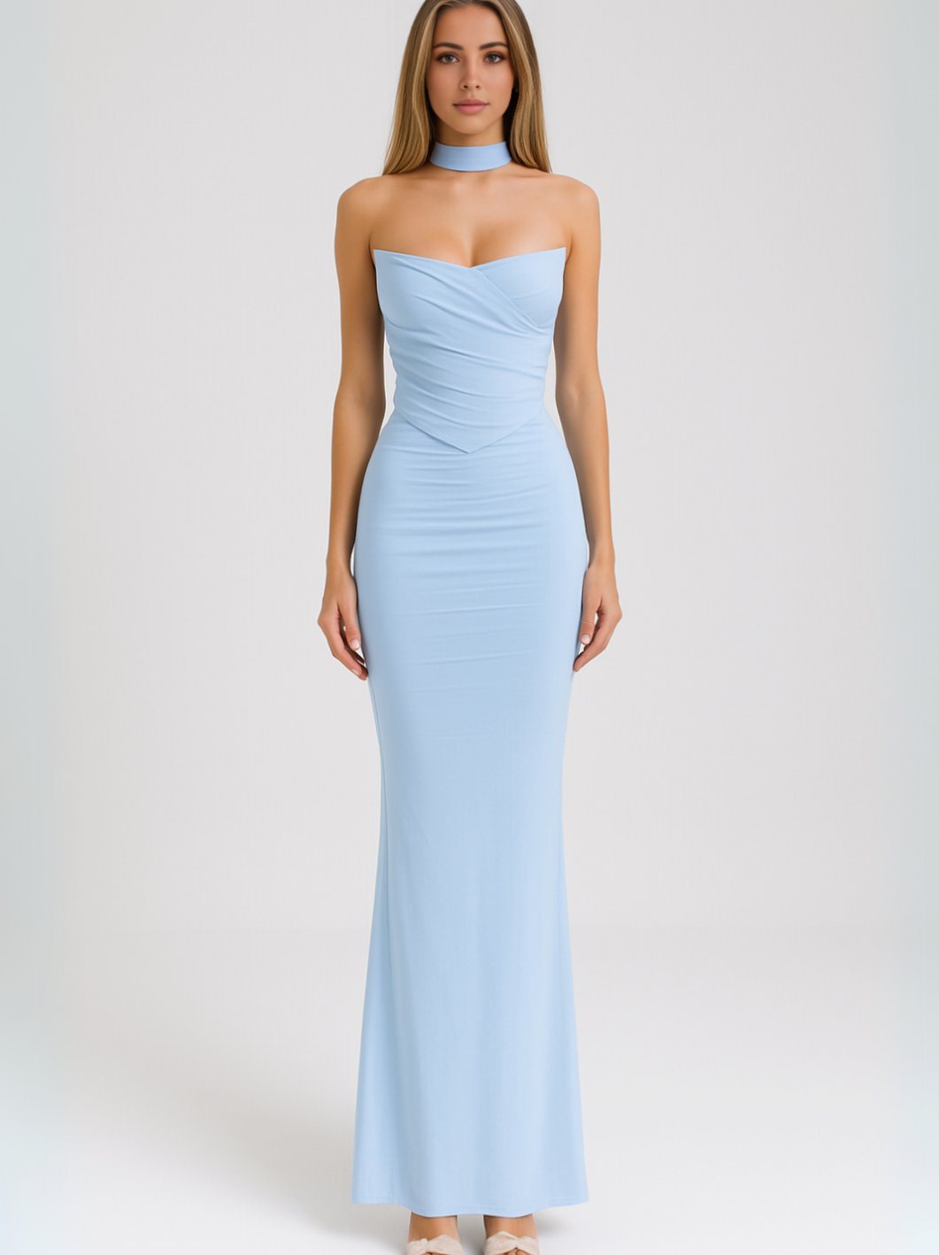 Women's Strapless Sweetheart Ruched Choker Summer Maxi Dress - Light Blue