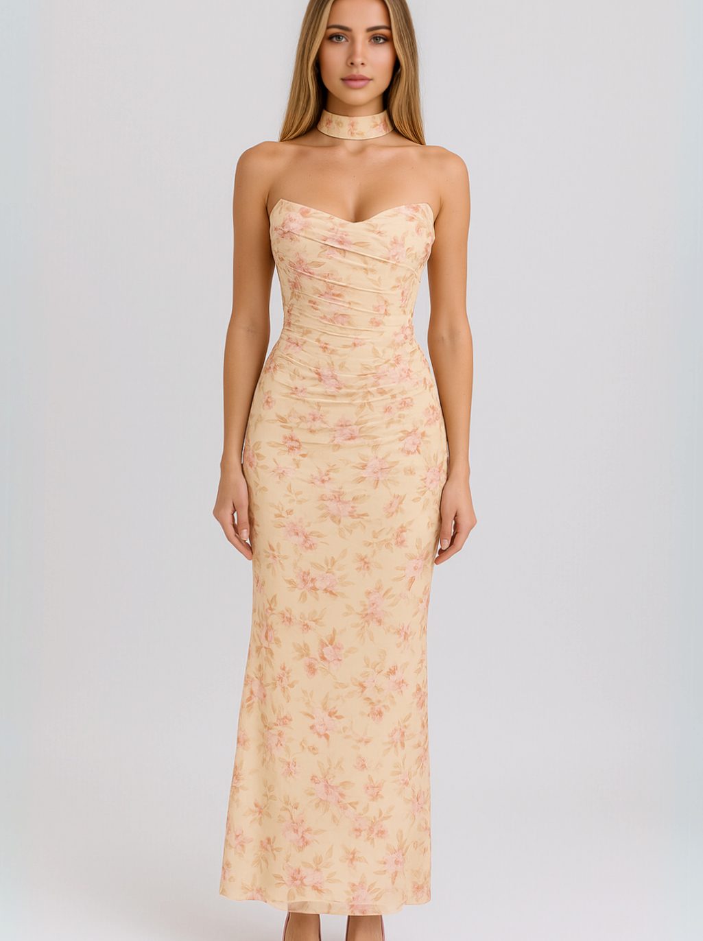 Women's Strapless Sweetheart Ruched Choker Summer Maxi Dress - Floral