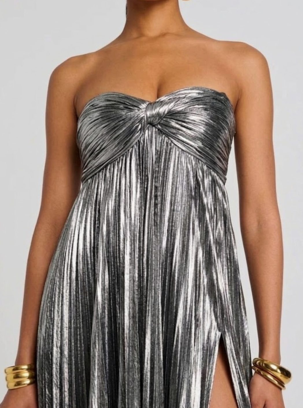 Women's Strapless Twisted-Bodice Pleated High-Slit Maxi Dress