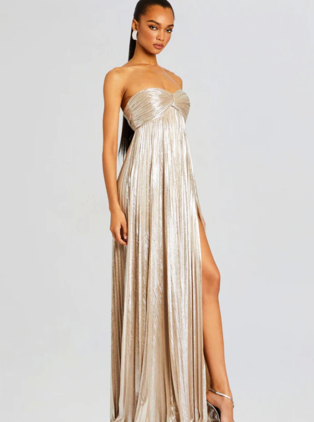 Women's Strapless Twisted-Bodice Pleated High-Slit Maxi Dress