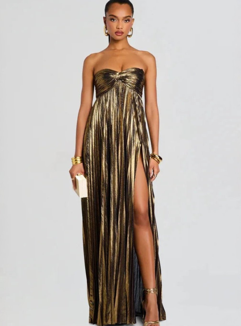 Women's Strapless Twisted-Bodice Pleated High-Slit Maxi Dress - Dark Brown