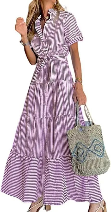 Women's Striped Button-Down Tiered Ruffle Maxi Shirt Dress - Purple