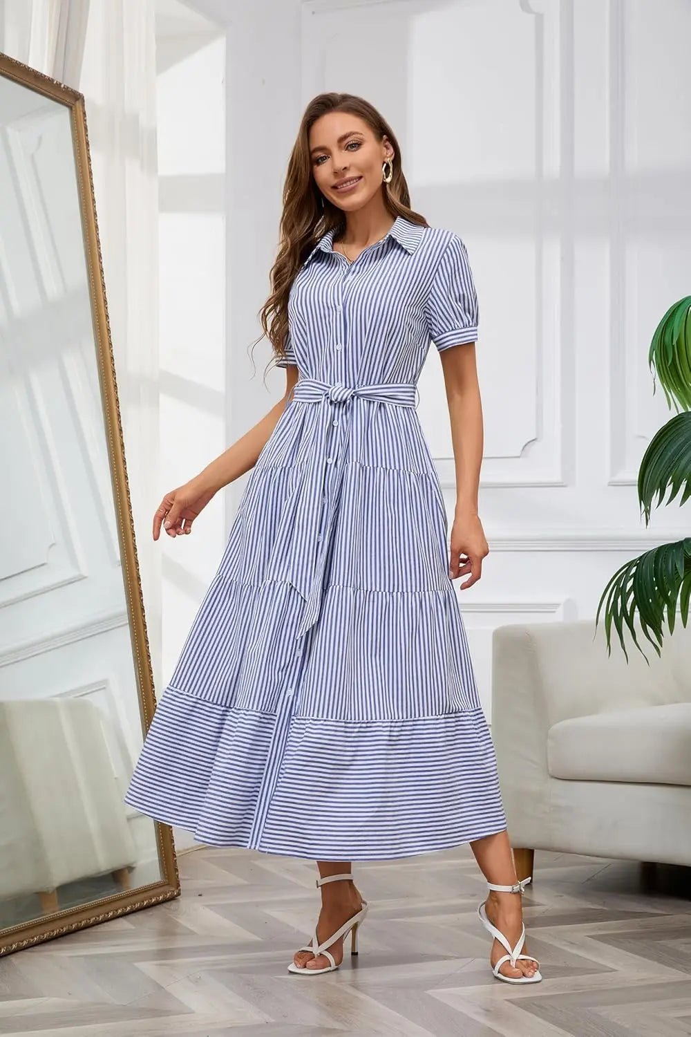 Women's Striped Button-Down Tiered Ruffle Maxi Shirt Dress