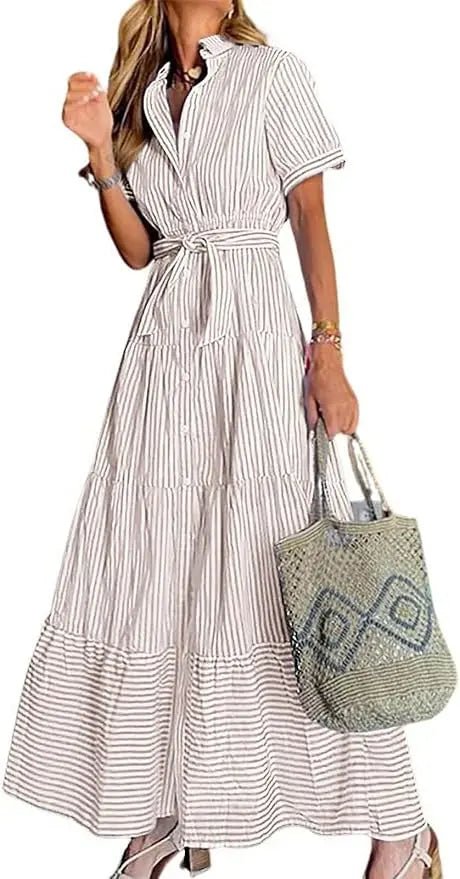 Women's Striped Button-Down Tiered Ruffle Maxi Shirt Dress - Khaki