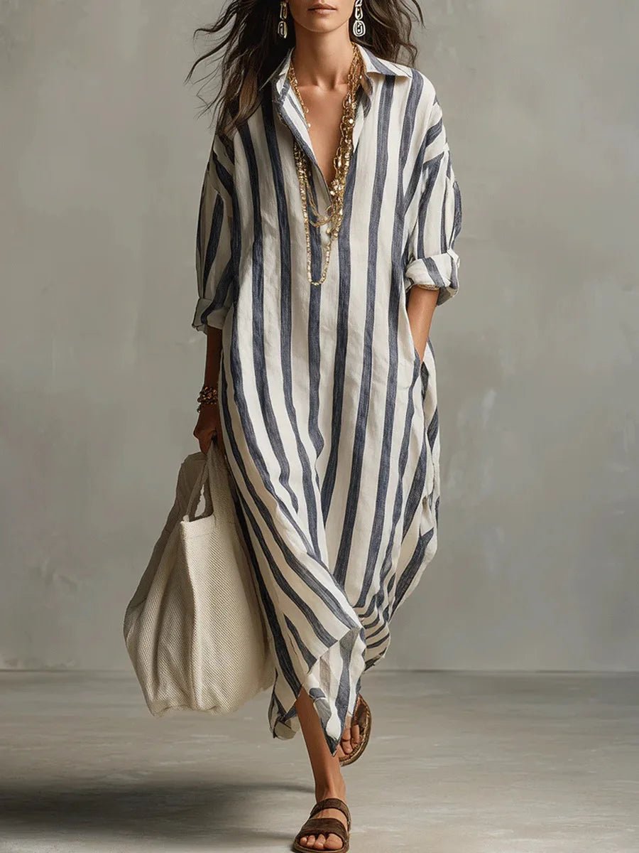 Women's Striped Oversized Linen Maxi Shirt Dress - Blue