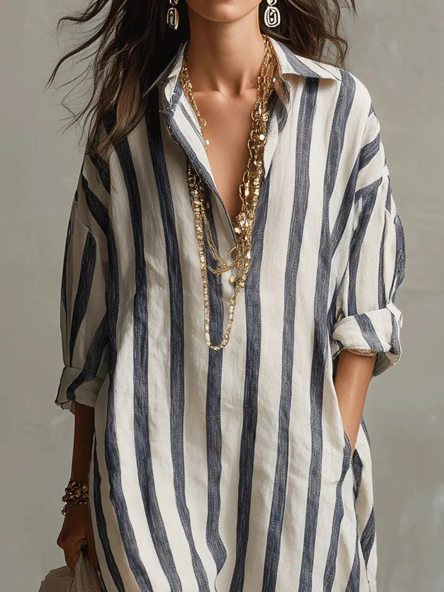 Women's Striped Oversized Linen Maxi Shirt Dress