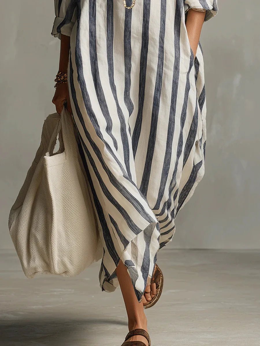 Women's Striped Oversized Linen Maxi Shirt Dress