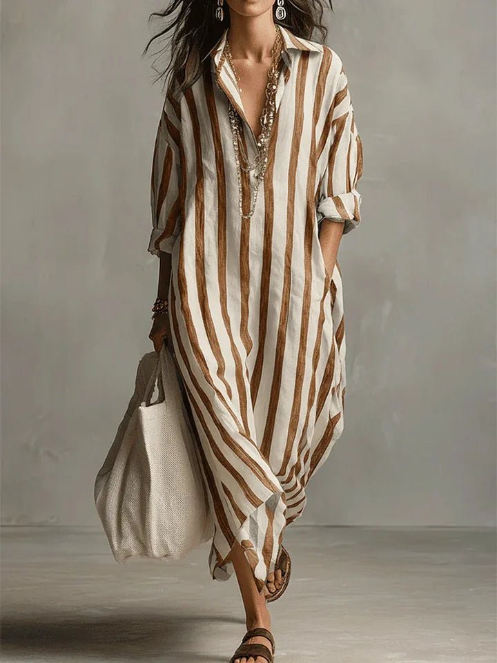 Women's Striped Oversized Linen Maxi Shirt Dress - Earthy Yellow