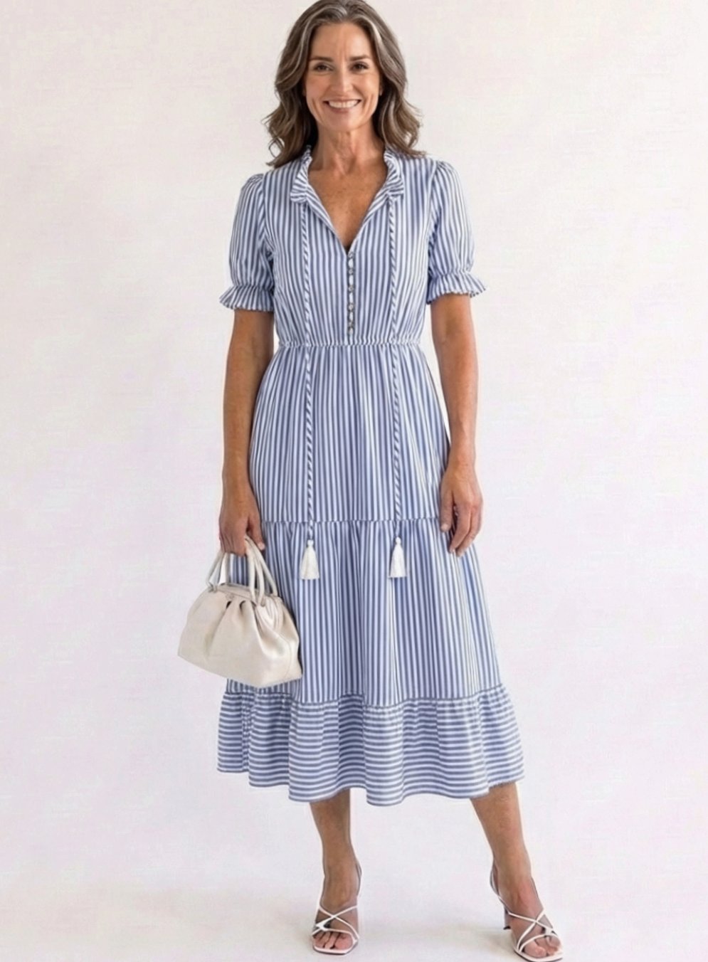 Women's Striped Tiered Midi Spring Dress V-Neck Short Sleeve - Sky Blue