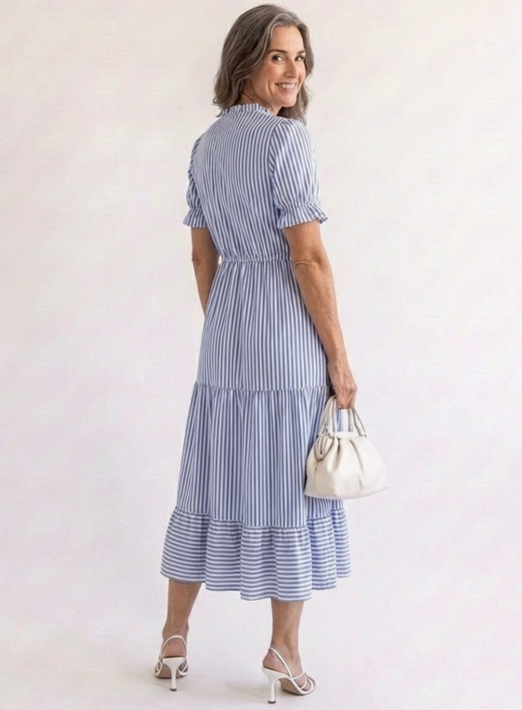 Women's Striped Tiered Midi Spring Dress V-Neck Short Sleeve