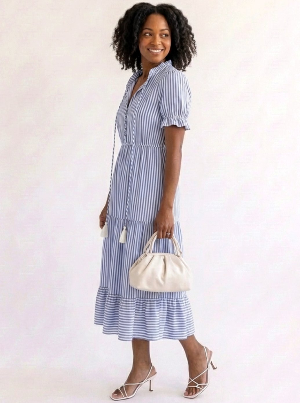 Women's Striped Tiered Midi Spring Dress V-Neck Short Sleeve