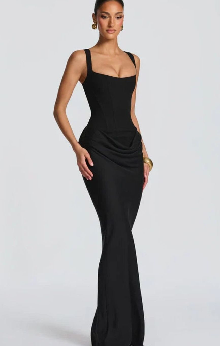 Women's Structured Bodice Square-Neck Draped Satin Maxi Dress