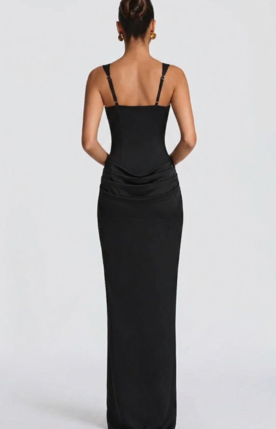 Women's Structured Bodice Square-Neck Draped Satin Maxi Dress