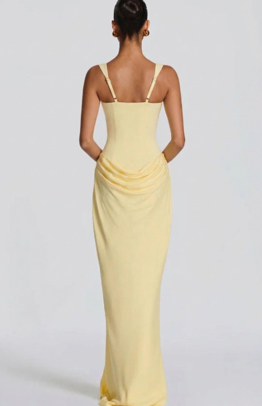 Women's Structured Bodice Square-Neck Draped Satin Maxi Dress