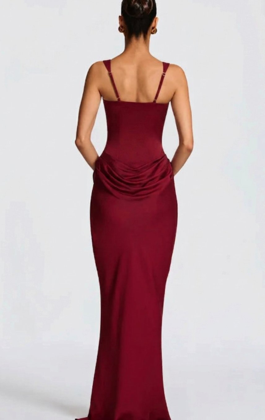 Women's Structured Bodice Square-Neck Draped Satin Maxi Dress