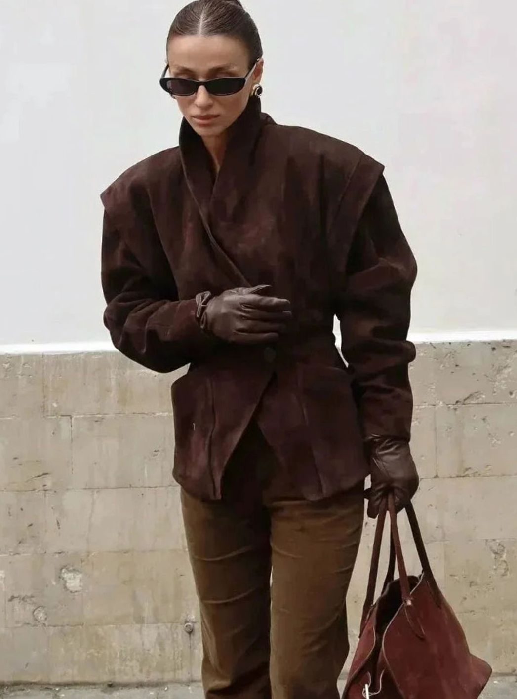 Women's Structured Faux Suede Wrap Blazer Jacket - Brown