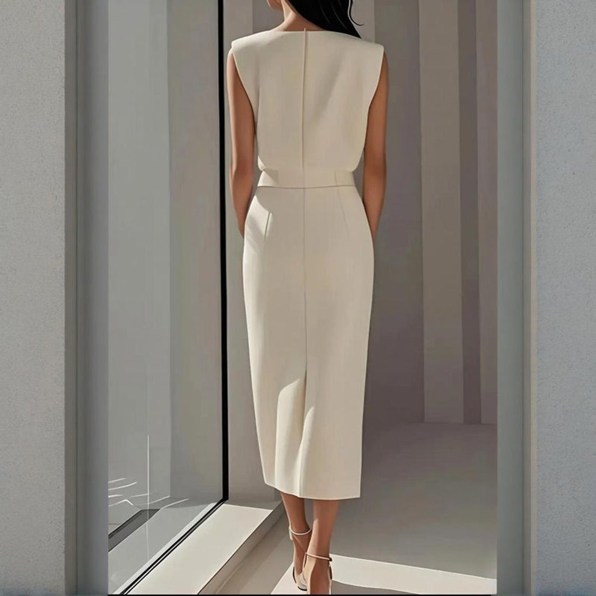 Women's Structured Shoulder Midi Summer Dress Jumpsuit Button Split