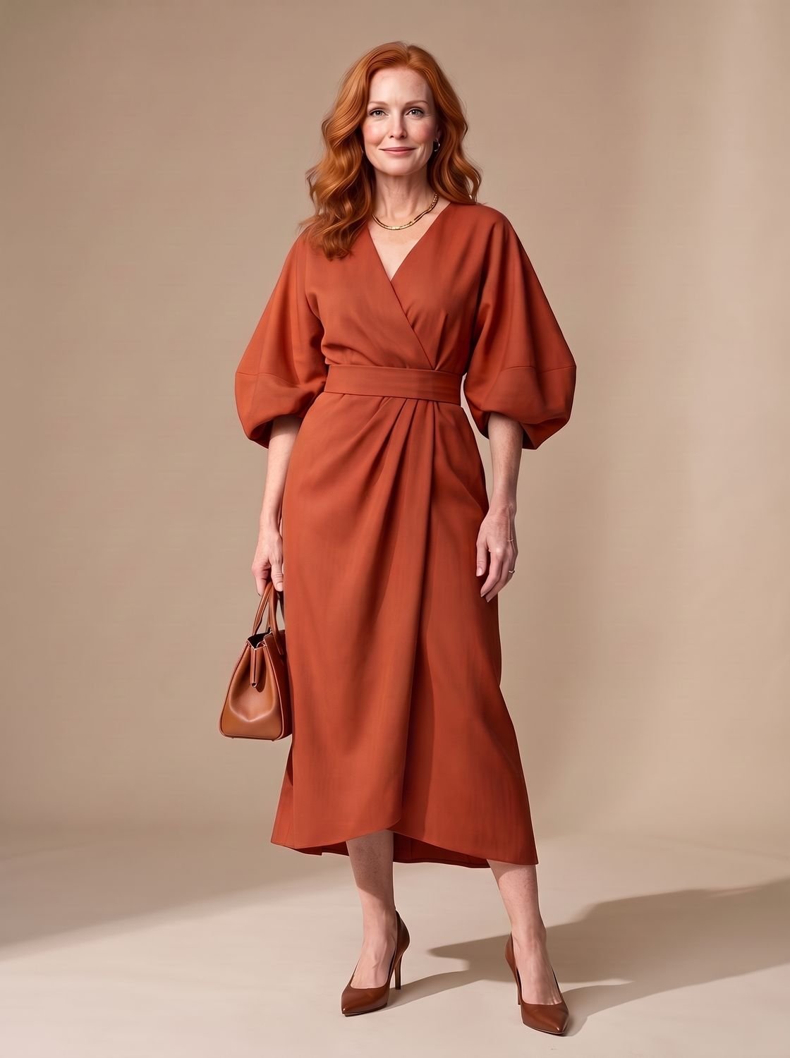 Women's Structured Waist Panel Midi Dress Balloon Sleeves