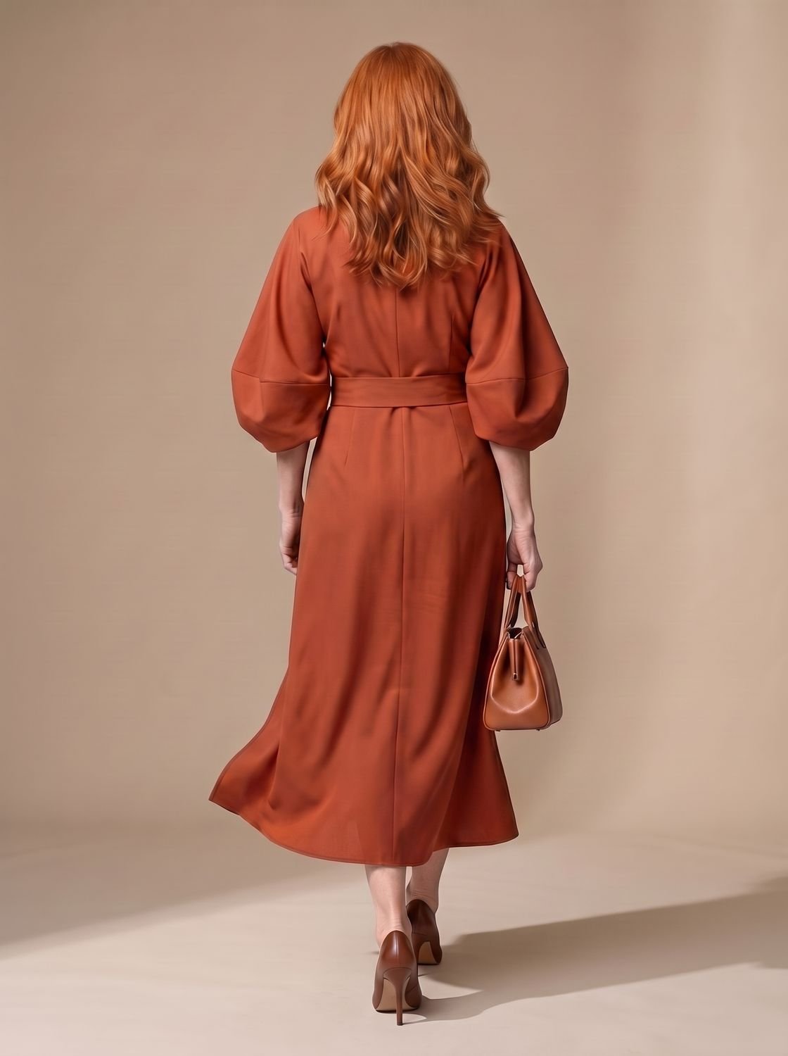 Women's Structured Waist Panel Midi Dress Balloon Sleeves