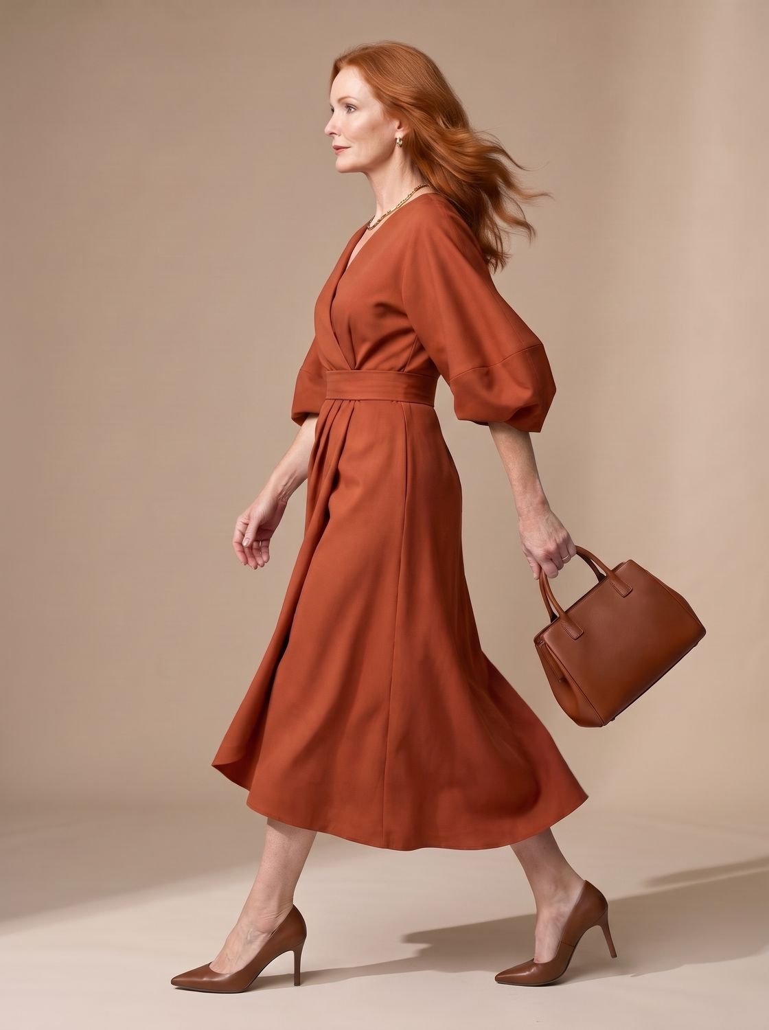 Women's Structured Waist Panel Midi Dress Balloon Sleeves