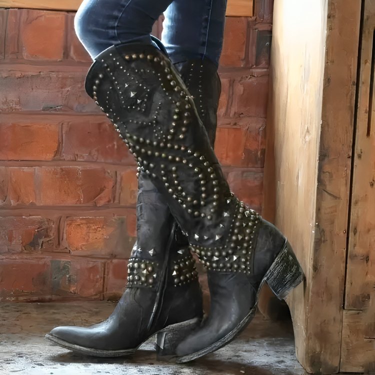 Women's Studded Knee High Boots Western Block Heel Purple - Black