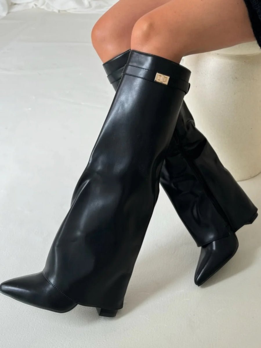 Women's Suede Knee-High Gold Hardware Boots - Schwarz Leder