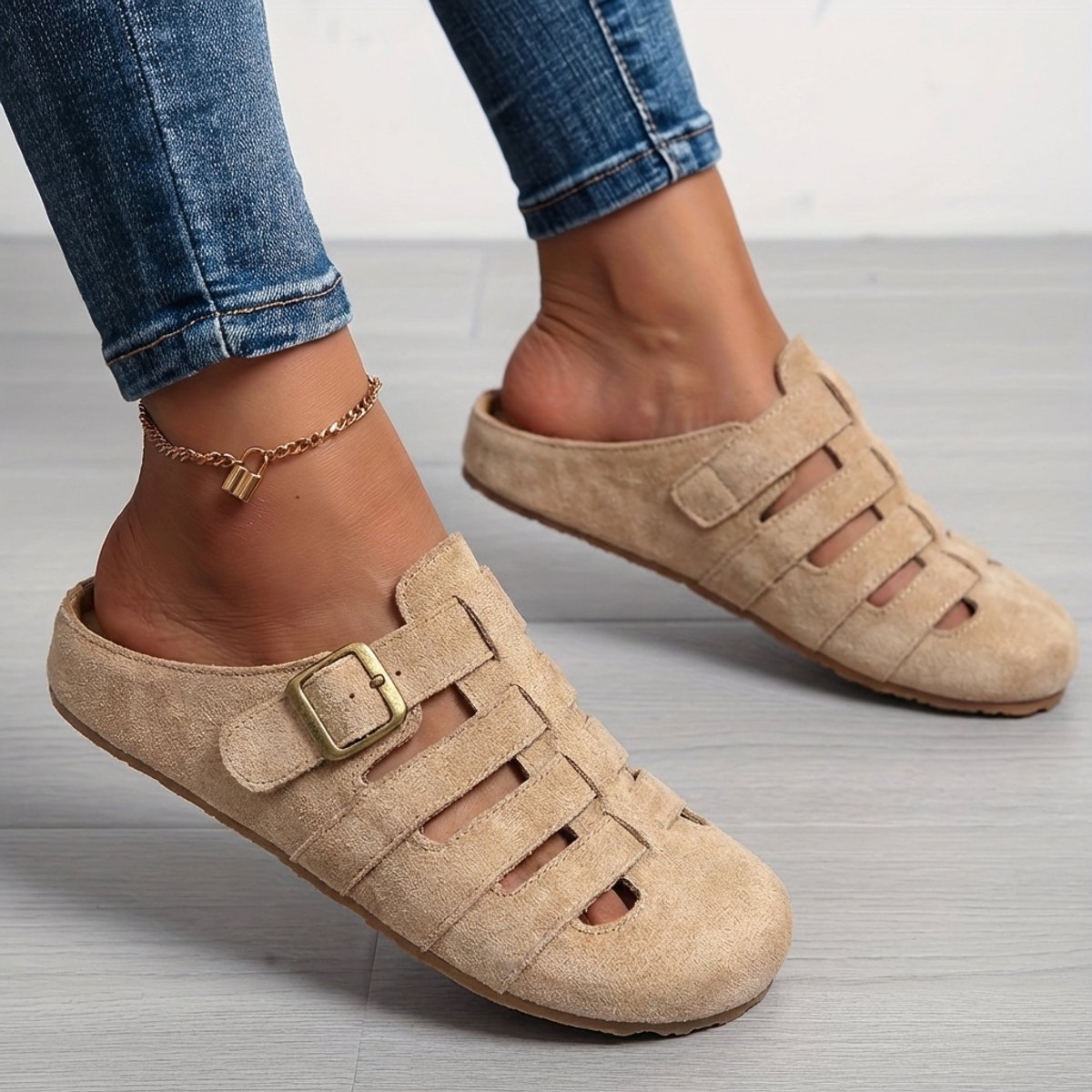 Women's Suede Slip-On Comfort Sandals Buckle Strap Mule Clogs - Khaki