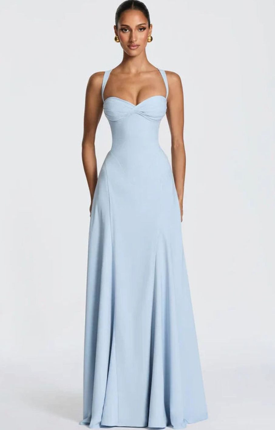 Women's Sweetheart Lace-Up Back Thin Strap Flared Maxi Dress - Blue & White