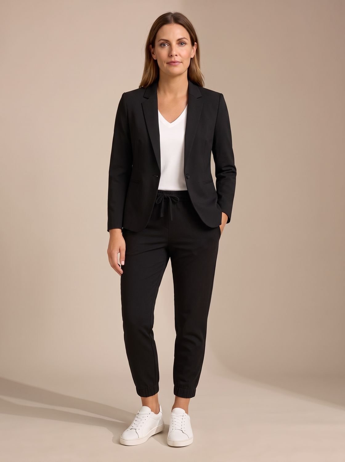 Women's Tailored Blazer Jogger Pants Two-Piece Suit Set - Black