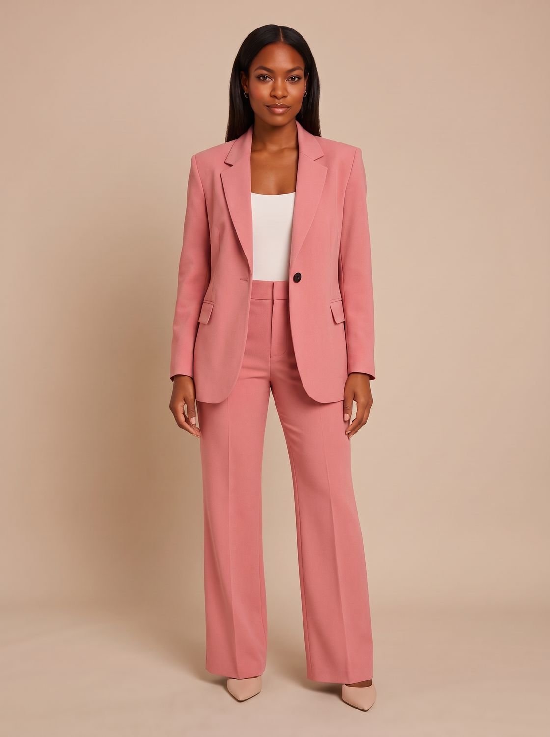 Women's Tailored-Fit Wide-Leg Blazer Pants Suit Set - Pink
